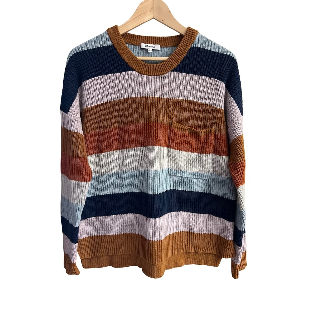 Madewell $75 Thompson Pocket Pullover Sweater in Rainbow Stripe AA783 Sz S Boho